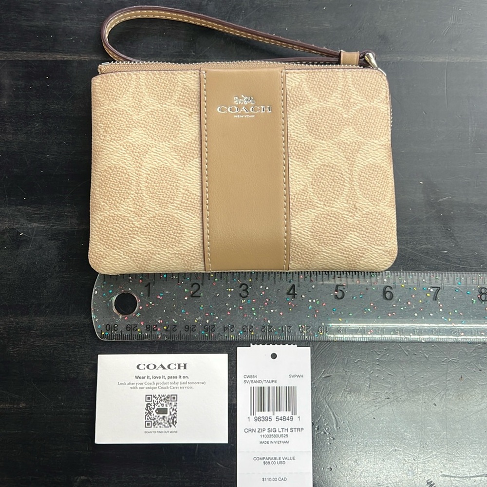 Coach Women's Small Corner Zip Wristlet in Signature Canvas (Sand / Taupe)
